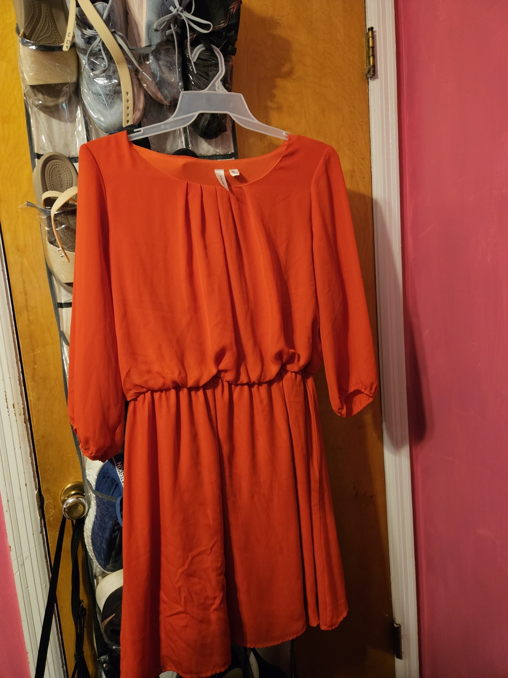 Tacera Orange-Red Long Sleeve Pleated Waist Dress